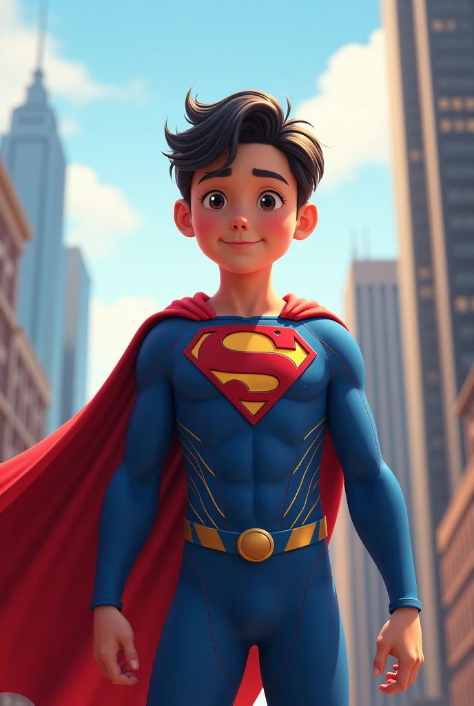 A boy dressed as superman with an h in his logo