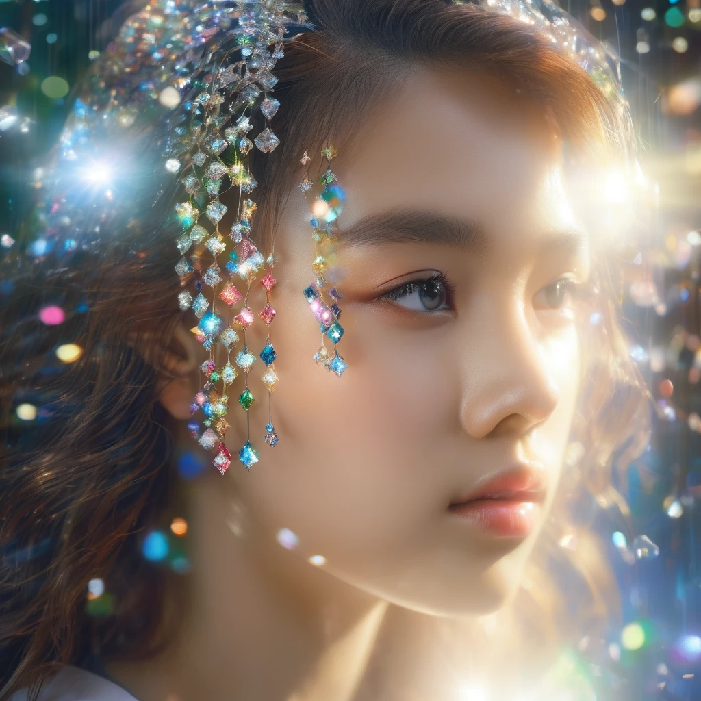 real world,(hyperrealism:1.1),(the world of glass:1.3),(scales of extreme detail:1.3),best quality,
dingdall effect,1girl,fog,(sunlight exposure:1.3),(sunlight through the hair:1.3),long hair,sweat,(look looking at viewer:1.3),(colorful glass:1.2),holy light,cross,(dazzle light:0.9),big eyes,double eyelid,light makeup,white skin,(face covered in sparkling diamonds:1.2),closed mouth,