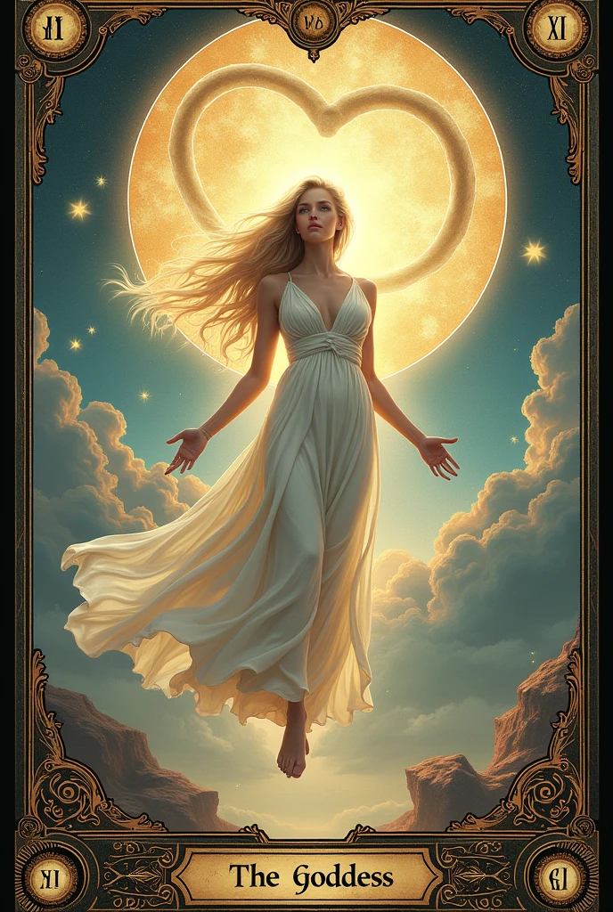 a card, intricate detailed tarot card illustration, tarot card, tarot card "the Goddess", card header text "XI", card footer text "The Angel", text font style medieval, blond hair goddess, white dress, floating in the sky, ((infinity symbol background)), infinity symbol, ouroboros symbol, cinematic lighting, dramatic shadows, vivid colors, rich color palette, surreal tarot card, mystical landscape, shimmering details, ornate patterns