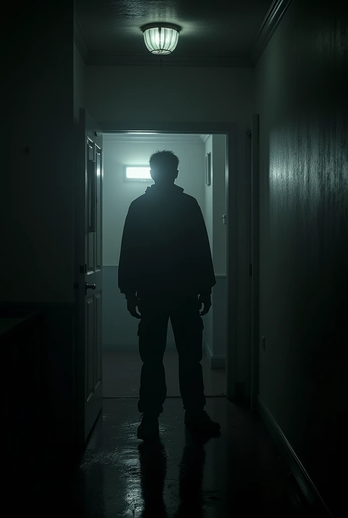 A spooky room in an ADDICTION REHABILITATION CENTER where there is a shadow of a Korean man (shades of black and white).