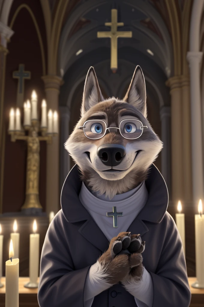 Larry (Zootopia), young wolf, Gray Fur, (brown body:1.3), beautiful white glasses blue eyes, Zootopia,  Pope, Catholic priest,pectoral cross white collar, canine,wolf, detailed fur, male, second, paw pads, claws, looks at the viewer, 5 fingers, paws, 4 toes, in churches, candles altar,Catholic Church, Vatican, 
BREAK from nextel, for dating, by xenoforge, (difficult, high detail,digital photography, soft focus, RAW, close to the camera, smile, positive, Good, mood, Houses, looks at the viewer, очень close to the camera, Pope. 
Photorealism, realistic, photorealistic,digital style, Subsurface scattering,очень close to the camera
шедевр, Best quality, ultra realistic, 8 thousand.)