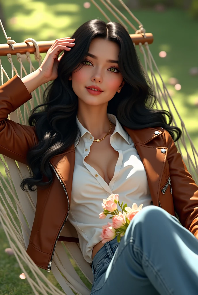 Beautiful white woman, wavy lush long black gair, green eyes, wearing brown biker leather jacket, white formal button down blouse, shy smile, wide leg denim pants, lying on hammock, high hills sandals, sunny day, bouquet of flowers on arms