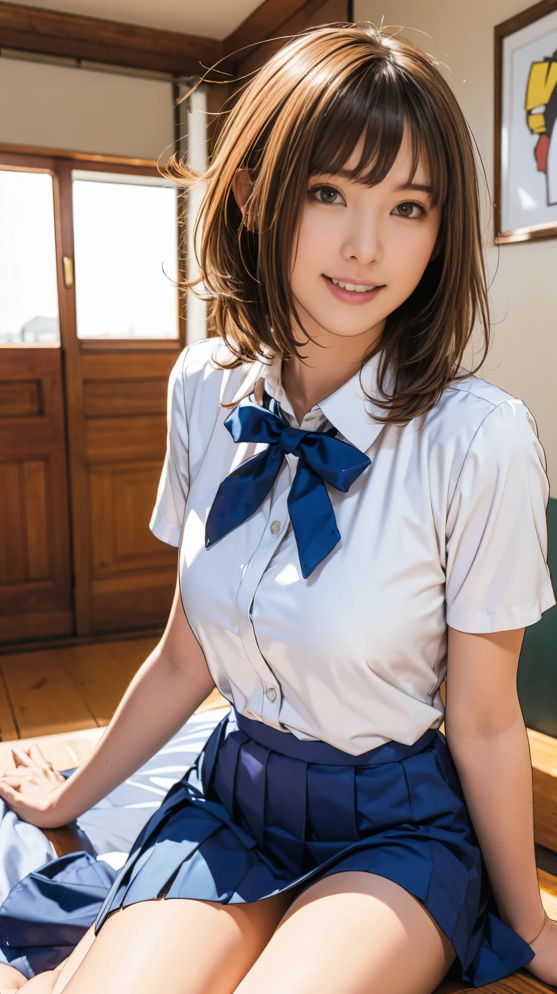Look up at the camera from your feet:1.2、Shooting from a low angle:1.2,The best smile：1.5、Highest quality, High School Girl Uniform:1.5, Medium chest, Pleated skirt:1.5, Medium Curly Hair, Beautiful light brown hair, White blouse, Showing panties：1.2,