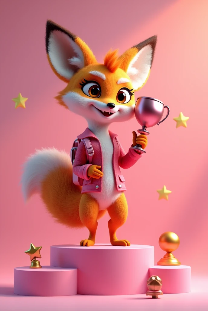 Create a 3D Disney Pixar style fox named Chic Fox. She must exude a victorious and glamorous personality, perfect for representing the Best Sellers section and highlighting the most popular products.

colors: Vibrant tones with pink details and accessories to maintain cohesion with the other pets.

Accessories:

Victory Cup: An elegant glass in metallic pink or gold, shining with pink details. Chic Fox must be holding the cup with one paw, showing a gesture of celebration and achievement.
Headphone Type Earphone: Para manter a consistência com a seção de Accessories, the headset may be resting casually on Chic Fox&#39;s shoulders.
Modern Backpack: A stylish backpack in pink, with modern and fashionable details. It may be next to the podium or slightly visible., highlighting the style of Chic Fox.
smartwatch: A modern smartwatch with a pink strap, visible on the fox&#39;s wrist, To add a touch of sophistication.
vestimentas: A basic pink shirt, Woman&#39;s style, that complements the look in an elegant and modern way.

podium: Chic Fox must be on top of a podium in pink, with details in lighter or metallic pink, symbolizing the first place. The podium can have a modern and stylized design, with stars or decorative trophies.

Expressions: Winning smile and bright brown eyes, with an expression of triumph and celebration. The fox should look excited and confident., celebrating best-selling products.

Activities and Poses:

Holding the cup: Chic Fox is on top of the podium, holding the cup with one paw and making a victory gesture. You may have an expression of joy and pride.
Posando no podium: Standing confidently on the podium, showing backpack and smartwatch while holding cup.
Product Tips: Pointing to a board with highlights of the best-selling products, tips on how to choose the best items and reasons for their popularity.
Interactivity on the Website:

Hover animations: Anime movements