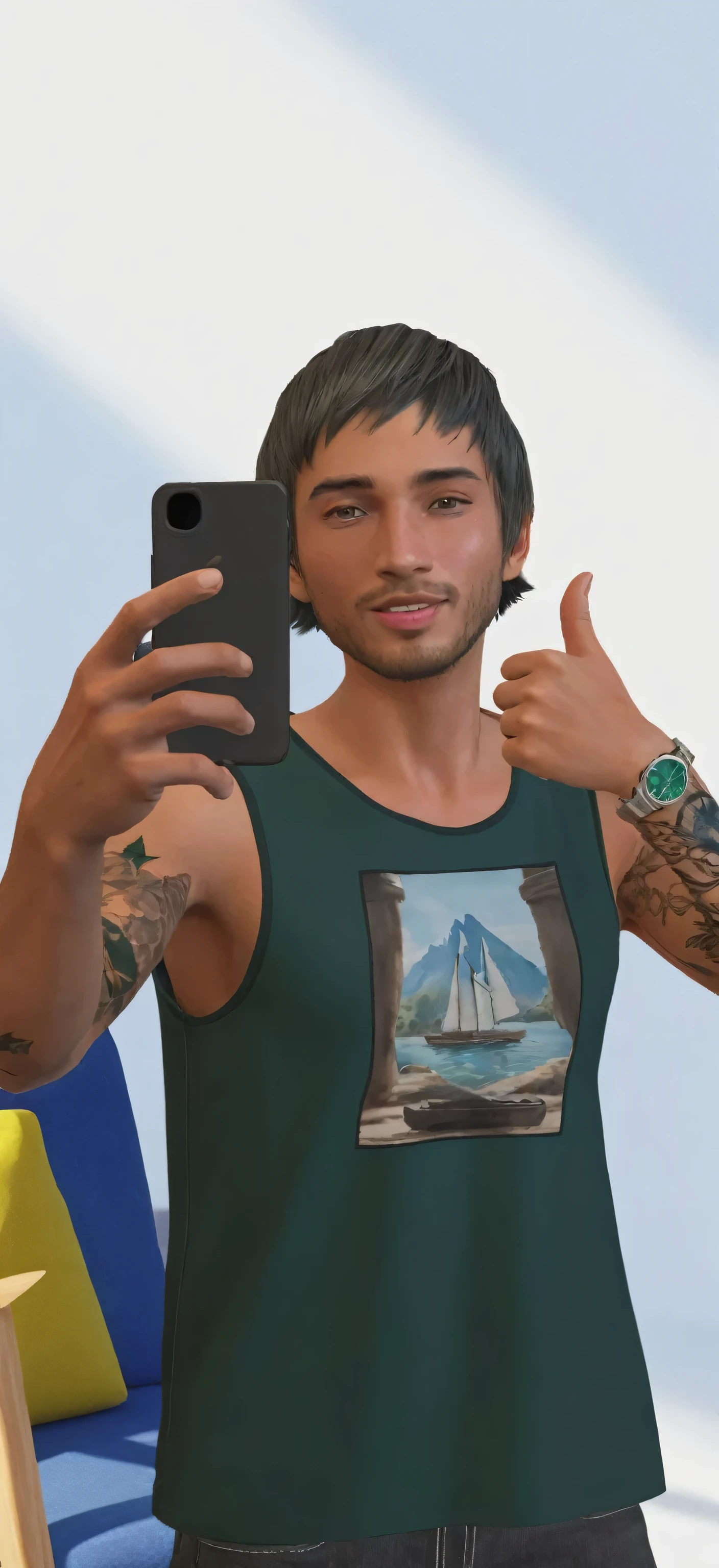 The image depicts a young man with a medium tan complexion and a well-defined, photorealistic appearance. His hair is dark brown, short, and slightly messy, with a textured, natural look that frames his face. His facial features are sharp and angular, with high cheekbones and a strong jawline. He has a well-groomed beard and mustache, adding to his rugged yet clean appearance.One of the most striking details on his face is a realistic tattoo resembling a tree branch. The branch curves subtly around his left eye, with fine lines and shading that give it a three-dimensional appearance, almost as if it were naturally part of his skin.His eyes are deep brown, with a lifelike shine that reflects light, making them appear vibrant and full of emotion. The subtle details of his skin, including natural pores and slight imperfections, add to the realism of his appearance, giving his face a lifelike texture.The man’s upper body is muscular and well-defined, clearly visible through his dark green sleeveless tank top. His arms are covered in detailed and intricate tattoos. His right arm features a full sleeve of insect patchwork, with each insect rendered in photorealistic detail. The designs include butterflies, beetles, and other insects, each with their own unique color and texture. The tattoos wrap around his arm, with careful attention to the contours of his muscles, giving the ink a realistic sense of depth and movement.On his left arm, he has another full sleeve tattoo, this one inspired by nature. The sleeve includes detailed depictions of leaves, flowers, and natural elements, all rendered with lifelike precision. The shading and color gradients make the tattoos appear almost three-dimensional, as if they were part of the very fabric of his skin. The tattoo sleeve flows seamlessly from his shoulder down to his forearm, emphasizing the natural curves and musculature of his arm.His left hand, which is giving a thumbs-up, showcases a large, bright green wristwatch. The wat