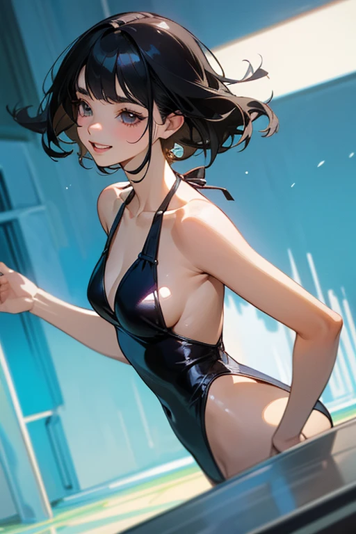 (Highest Resolution, clear_image) Highest quality, single, One woman, alone, masterpiece, Very detailed, Semi-realistic, Black Hairのショートヘア, Black Hair, bangs, 18-year-old, mature, Light blue , Indoor Background, kind, Authoritative, Powerful, exquisite features, exquisite features、Eyelashes become longer、Showing teeth、smile😀、(Swimwear)、woman&#39;Fingers in the、(bikini)、