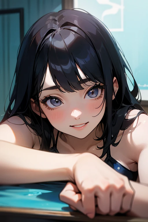 (Highest Resolution, clear_image) Highest quality, single, One woman, alone, masterpiece, Very detailed, Semi-realistic, Black Hairのショートヘア, Black Hair, bangs, 18-year-old, mature, Light blue , Indoor Background, kind, Authoritative, Powerful, exquisite features, exquisite features、Eyelashes become longer、Showing teeth、smile😀、(Swimwear)、woman&#39;Fingers in the、(bikini)、