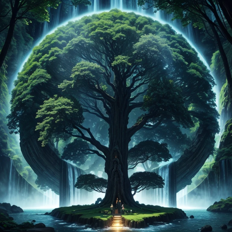 a tree in the middle of a waterfall surrounded by trees, tree of life, strange tree of life, the world tree, the tree of life, tree of life seed of doubt, world tree, yggdrasil, fantasy tree, magical tree, mystical setting, magical tree, beeple art, realism | beeple, tree of life inside the ball, (focus tree in the middle and waterfall), (Strange), (unique)