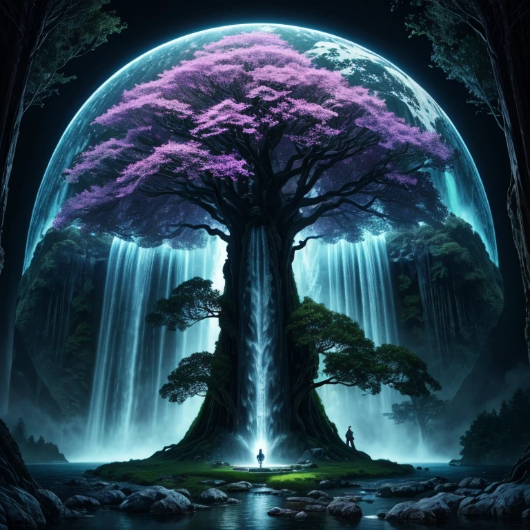 a tree in the middle of a waterfall surrounded by trees, tree of life, strange tree of life, the world tree, the tree of life, tree of life seed of doubt, world tree, yggdrasil, fantasy tree, magical tree, mystical setting, magical tree, beeple art, realism | beeple, tree of life inside the ball, (focus tree in the middle and waterfall), (Strange), (unique)
