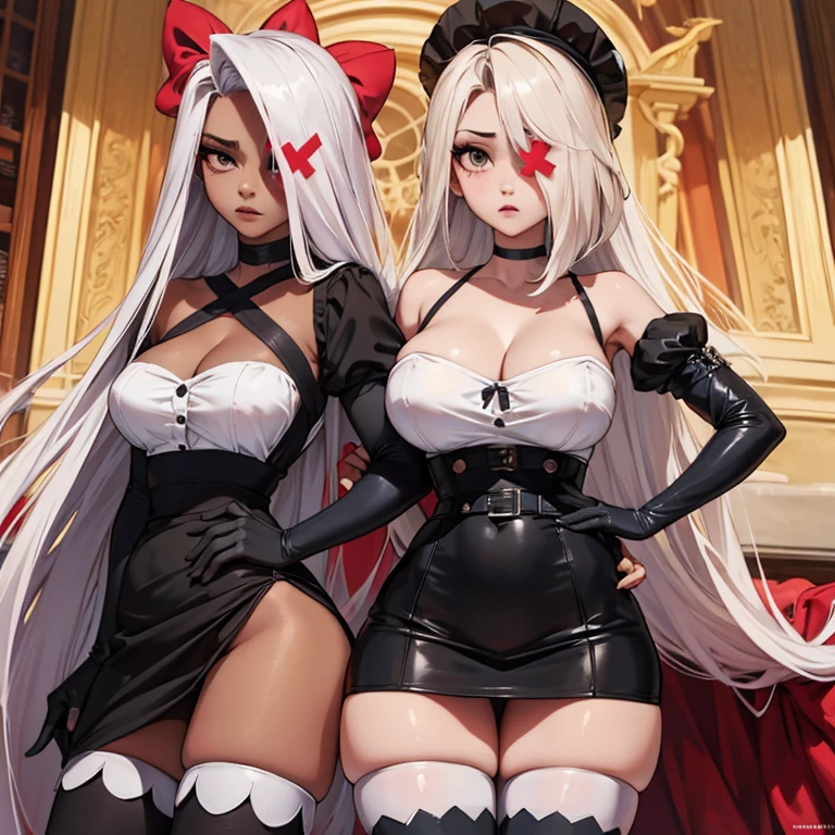 on fours, back view, sex(masterpiece, best quality:1.4), absurdres, highres, ultra detailed, beautiful, (maid), (perfect face, detailed face, beautiful:1.3),(natural breasts, cleavage), collarbone, fingerless gloves, gloves,spaghetti strap top, black pencil skirt, tight, over the knee skirt, hat, elegant maid outfit, thighhighs, thick thighs, thighs, multiple belts, More detailed 8K.motor irreal:1.4,UHD,La mejor calidad:1.4, fotorrealista:1.4, textura de la piel:1.4, obra maestra:1.8,obra-prima, mejor calidad,objeto Objeto], (detailed face features:1.3),(manos detailed)