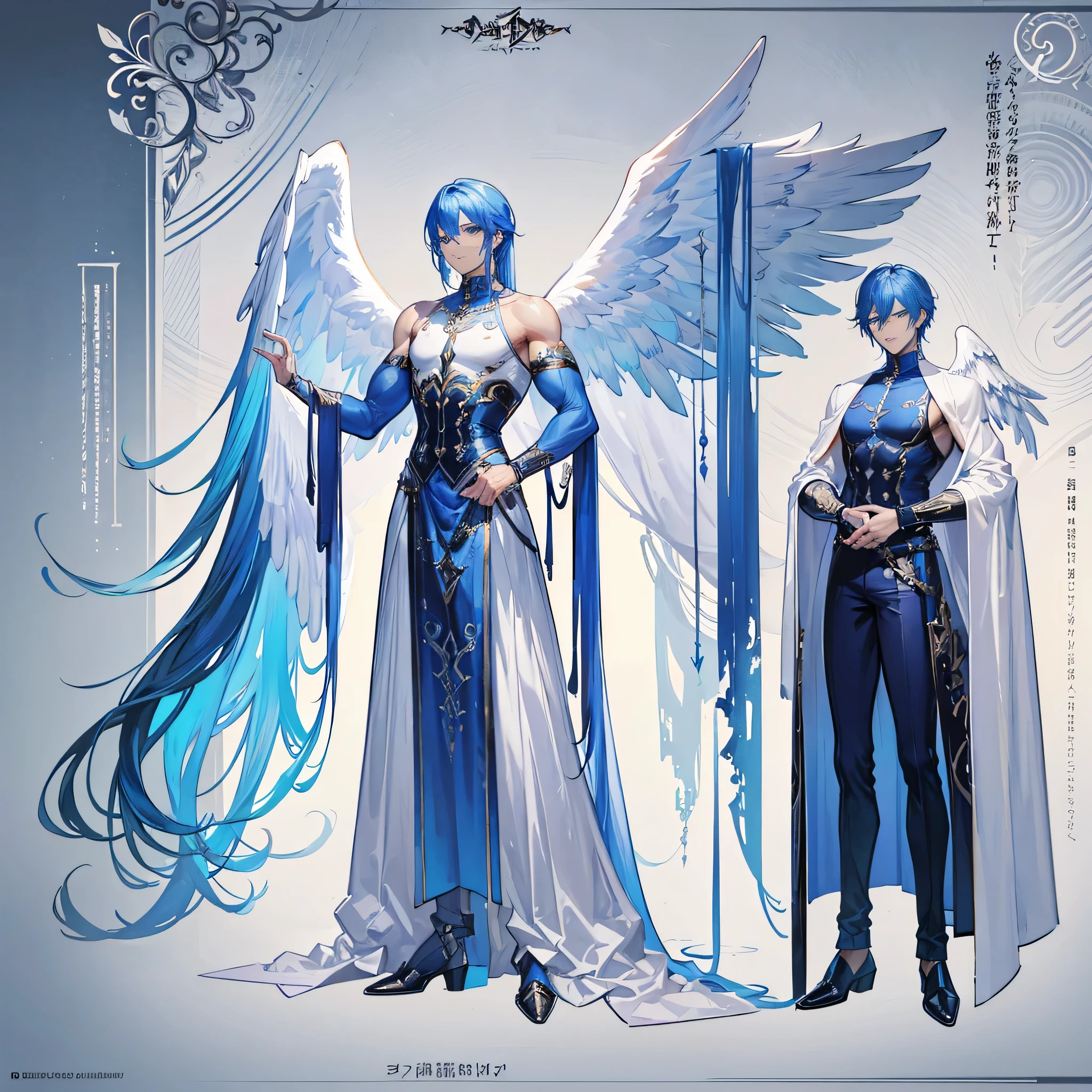 (Masterpiece, best quality), detailed, 1 man, ((character concept art)), ((character design sheet, same character, front, side, back)), full body, body complete, 1 Male angel, 1 Man angel, Detailed face, character design sheet,full bodyesbian, Highly detailed, character sheet, character design, Many parts, dark skin, angel wings, long blue hair, angel outfit, muscle male god, male clothes, masculine, muscle man, male muscle, manly, male angel, Muscle male with long blue hair,beautiful man, beautiful muscle man