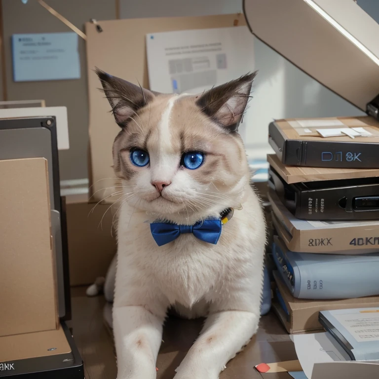 a Siamese cat with piercing blue eyes, sitting on an office desk, wearing a black bowtie, surrounded by office supplies, photorealistic, (best quality,4k,8k,highres,masterpiece:1.2),ultra-detailed,(realistic,photorealistic,photo-realistic:1.37),studio lighting,extreme detail description,professional,vivid colors,intricate details