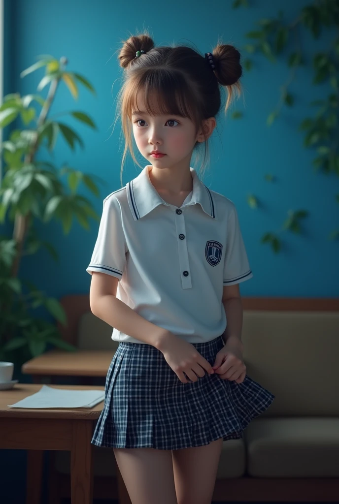 work of art, highest quallity, 8k, Young and beautiful girl, baby face、The clothes are big、photoshoot, cute face, thicc thighs, Illuminated classroom, (((embarrassing)))、embarrassing、no-makeup, 10 generations, face detailed, background blur、cinched waist、((((school uniforms、white shirt、checked mini skirt、lift up your skirt、without panties, kittenを見せる、あなたのオkittenを見せて)))), slickedback hair、Light brown bun hair、(((Por favor, lift up your skirt tristemente)))、Illuminated classroom、thicc thighs、((aparentemente'It's him'I'm going to cry))、(((Lift her skirt yourself)))、kitten、kitten , Sexy Japanese samurai girl, undressing, clip, Bblack hair, light freckles, emotionless face, Taking off her clothes seductively, Nipple botch, topless, large and saggy breasts, (puffy Nipple botchs:1.1), thicc thighs grossas, on his knees, Kneeling, exposed tits, Asian, bangss, looking ahead at viewer, dark theme, low light, in a dojo, blue background, blue pillows, Velvet leaves, Cetim