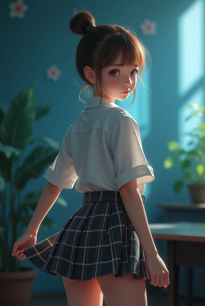 work of art, highest quallity, 8k, Young and beautiful girl, baby face、The clothes are big、photoshoot, cute face, thicc thighs, Illuminated classroom, (((embarrassing)))、embarrassing、no-makeup, 10 generations, face detailed, background blur、cinched waist、((((school uniforms、white shirt、checked mini skirt、lift up your skirt、without panties, kittenを見せる、あなたのオkittenを見せて)))), slickedback hair、Light brown bun hair、(((Por favor, lift up your skirt tristemente)))、Illuminated classroom、thicc thighs、((aparentemente'It's him'I'm going to cry))、(((Lift her skirt yourself)))、kitten、kitten , Sexy Japanese samurai girl, undressing, clip, Bblack hair, light freckles, emotionless face, Taking off her clothes seductively, Nipple botch, topless, large and saggy breasts, (puffy Nipple botchs:1.1), thicc thighs grossas, on his knees, Kneeling, exposed tits, Asian, bangss, looking ahead at viewer, dark theme, low light, in a dojo, blue background, blue pillows, Velvet leaves, Cetim