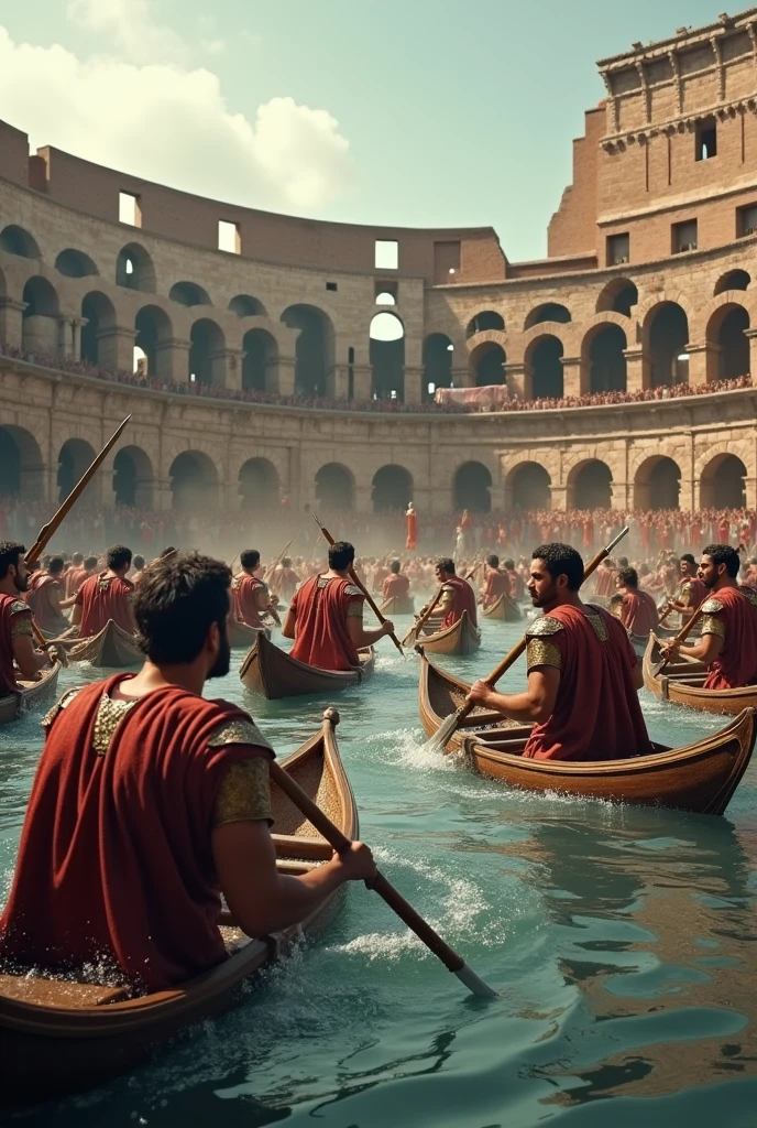 Create an image of the naumachia in the coliseum, with triremes and Roman soldiers fighting each other