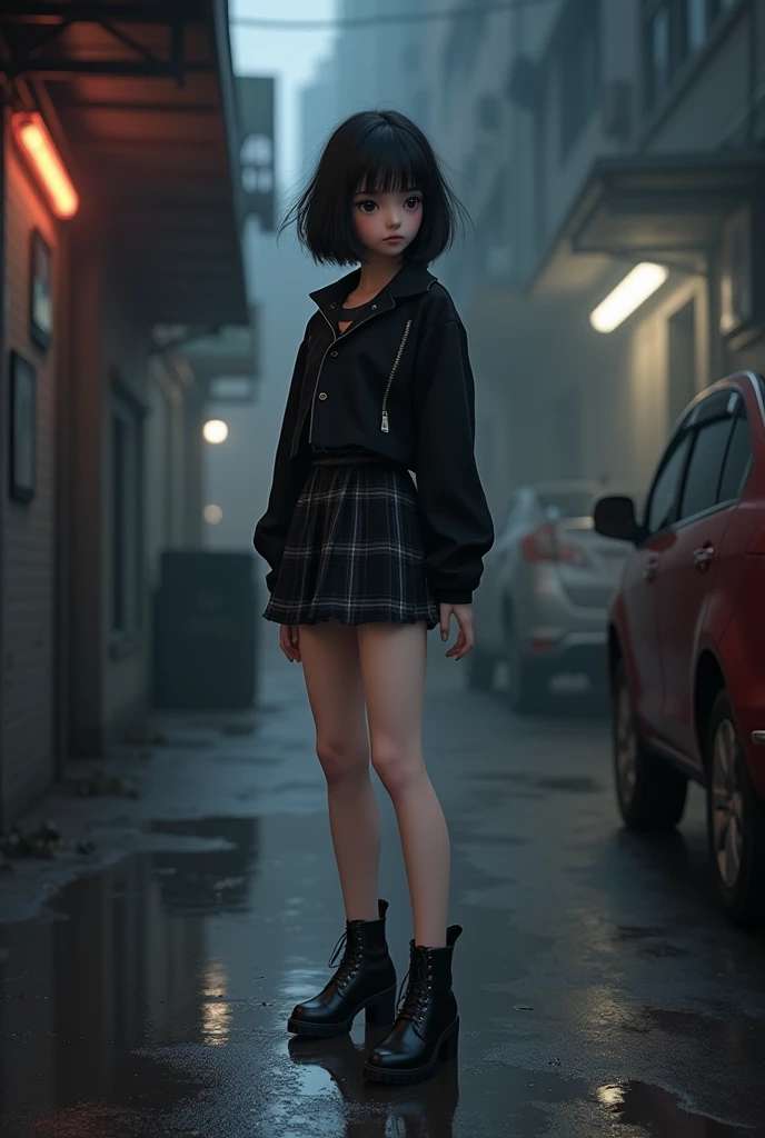 a 13 year old girl with black hair and bangs wearing a short black plaid skirt and black mini jacket wearing high heel boots