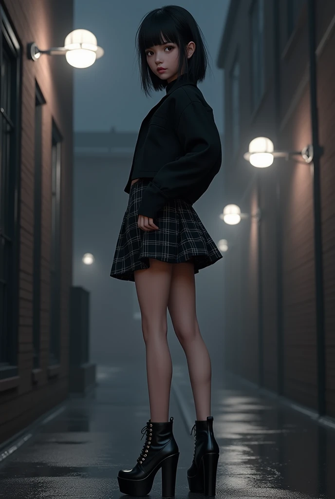 a girl with black hair and bangs wearing a short black plaid skirt and black mini jacket wearing high heel boots