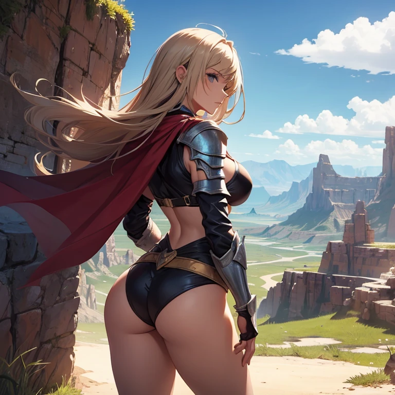 sexy female hero, bikini armor, cape, background landscape, badlands, enemy lands, cape fluttering, windy, from behind, detailed, medieval fantasy