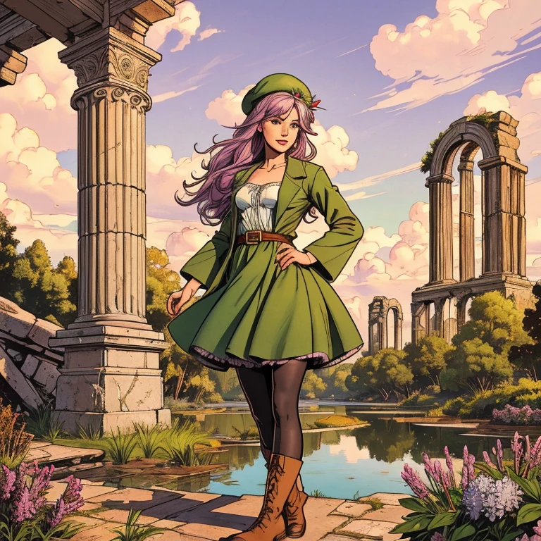 best qualityer, (work of art:1.2), illustration, absurderes,  (1 girl, standing alone), (beautiful detailed girl),, Aeolian, lilac hair, long hair, Eyes red, medium breasts,, glad, happy,, green hat, hat with feather decoration, green dress, green coat, (fancy:1.1) (Mediovale:1.1) vestimentas, (blackw_pantyhose:1.1), white  shirt, shorts marrons, wool lined boots, Brown boots,, magic forest, flowers, fada ring, Ancient Ruins, stone ruins, lake, sky, clouds