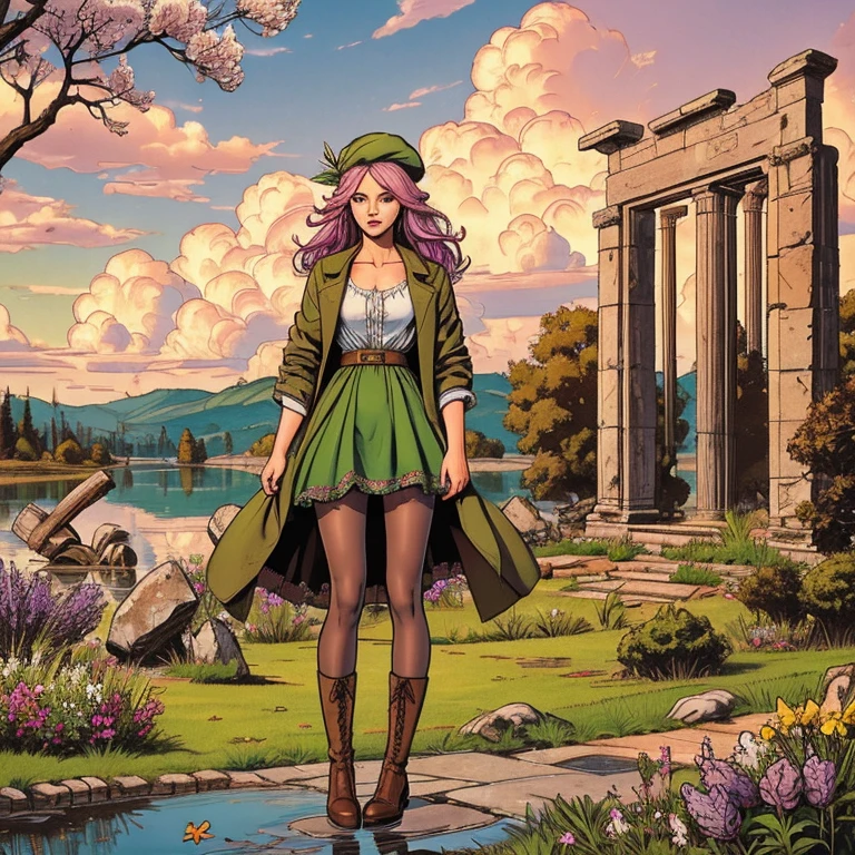 best qualityer, (work of art:1.2), illustration, absurderes,  (1 girl, standing alone), (beautiful detailed girl),, Aeolian, lilac hair, long hair, Eyes red, medium breasts,, glad, happy,, green hat, hat with feather decoration, green dress, green coat, (fancy:1.1) (Mediovale:1.1) vestimentas, (blackw_pantyhose:1.1), white  shirt, shorts marrons, wool lined boots, Brown boots,, magic forest, flowers, fada ring, Ancient Ruins, stone ruins, lake, sky, clouds