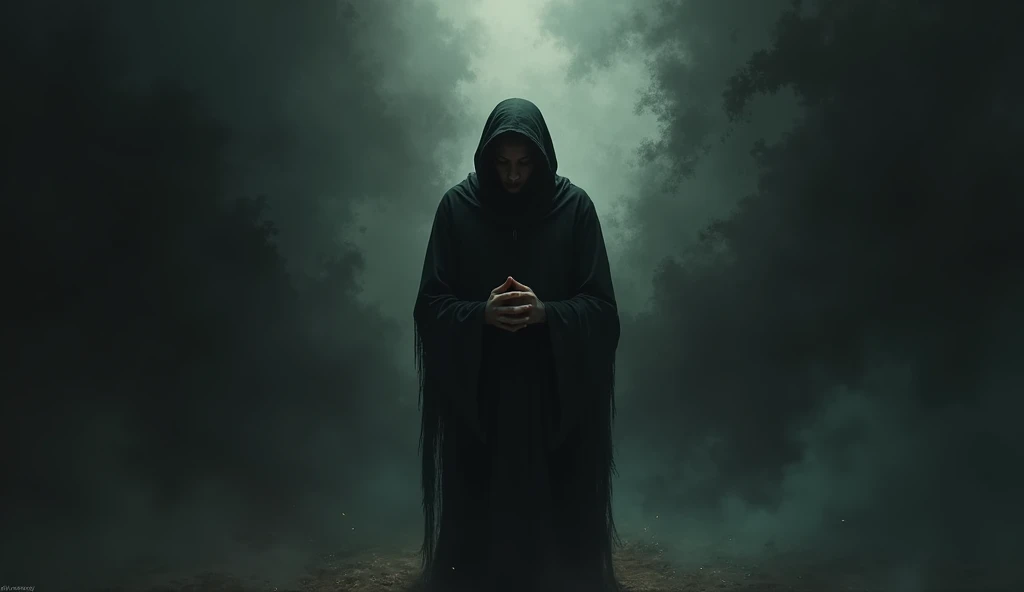 A person sitting alone, with hands clasped, looking to the down, as if in conflict. The darkness around begins to approach, representing vulnerability to negative spiritual forces.