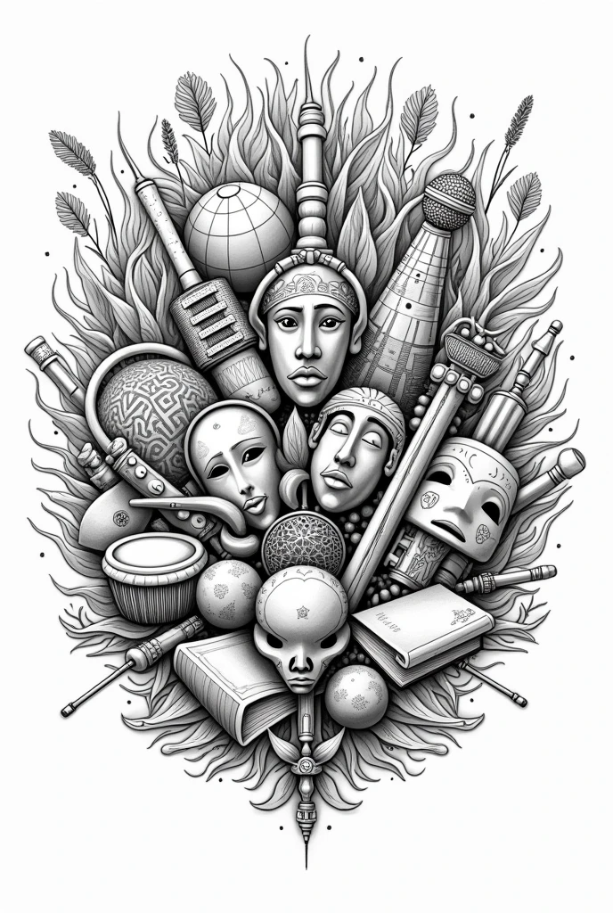 black and white linear drawing with various cultural elements, scattered separately occupying the entire space in a mandala mosaic. drums, tambourine, transverse flute, cuica, cavaquinho, guitar, theatre mask, flowers, cameras, terrestrial globe, textbooks, saxophone, mike,



