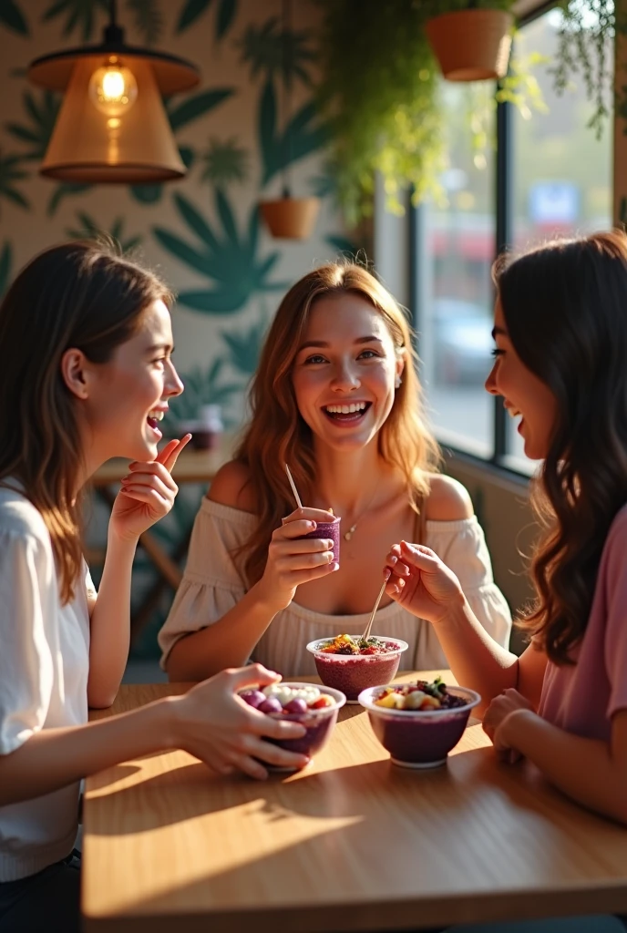 class friends and girlfriends Young realistic, At the acai shop ,chestnut hair,eating acai , ultra HD, high qualiy, best qualityer, high resolution, 8k, 16K
