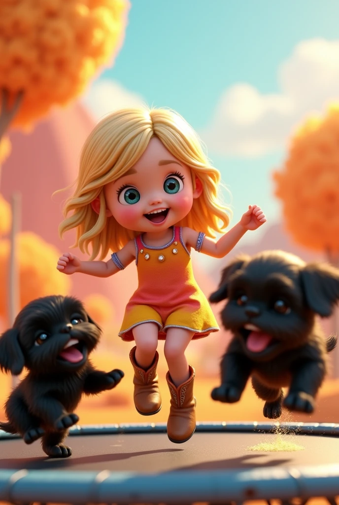 Cute blonde girl wearing a dress and cowboy boots 2 black shih tzu puppies jumping on a trampoline  bright colors in background 3D Pixar style