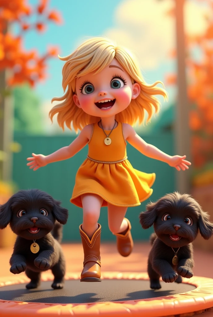 Cute blonde girl wearing a dress and cowboy boots 2 black shih tzu puppies jumping on a trampoline  bright colors in background 3D Pixar style