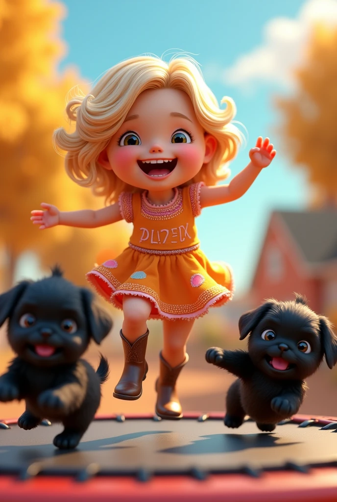 Cute blonde girl wearing a dress and cowboy boots 2 black shih tzu puppies jumping on a trampoline  bright colors in background 3D Pixar style