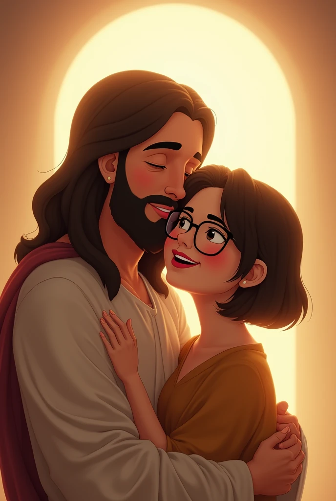 Animation of happy Jesus hugging a white woman with short black hair wearing nude square glasses