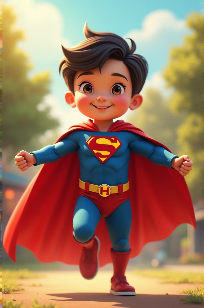 Boy dressed in superman costume with an h on his chest as a logo
