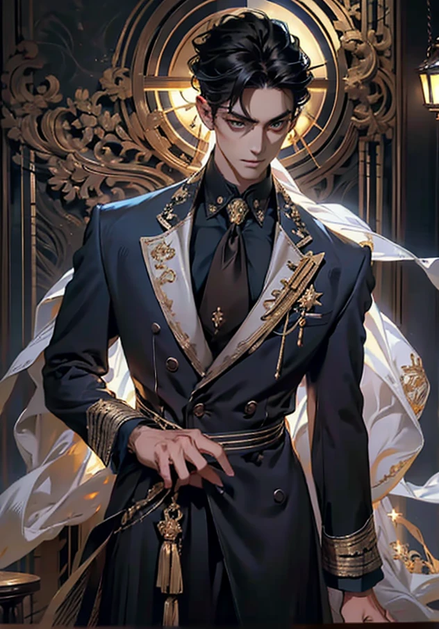 lamplight, close-up cleavage, Handsome men, golden eyes, (Focus eyes, The eyes are bright), (focus face),(Focus clothing), Medium long black hair, ear piercings, medium skin, dark blue coat, Meticulous suit, gold accessories on clothes, dark blue ties (perfect anatomia:1.2), Highqualityshadow, natural lighting, (White highlights:1.2),overcast day, (starrysky), (shining), full body 