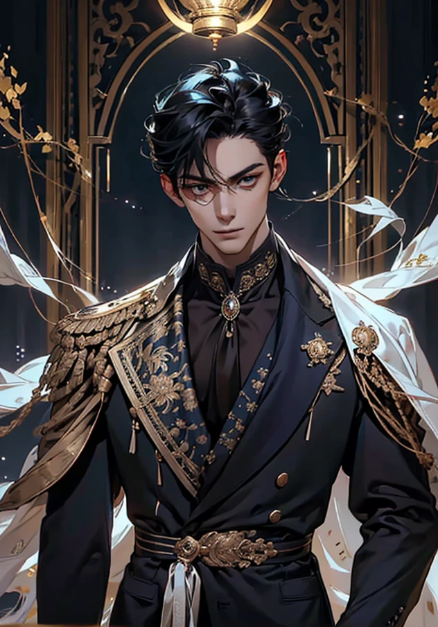 lamplight, close-up cleavage, Handsome men, golden eyes, (Focus eyes, The eyes are bright), (focus face),(Focus clothing), Medium long black hair, ear piercings, medium skin, dark blue coat, Meticulous suit, gold accessories on clothes, dark blue ties (perfect anatomia:1.2), Highqualityshadow, natural lighting, (White highlights:1.2),overcast day, (starrysky), (shining), full body