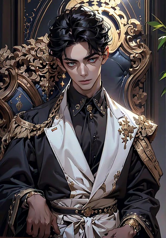 lamplight, close-up cleavage, Handsome men, golden eyes, (Focus eyes, The eyes are bright), (focus face),(Focus clothing), Medium long black hair, ear piercings, medium skin, dark blue coat, Meticulous suit, gold accessories on clothes, dark blue ties (perfect anatomia:1.2), Highqualityshadow, natural lighting, (White highlights:1.2),overcast day, (starrysky), (shining), full body 