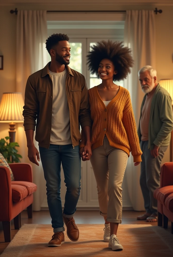 Generate an image of a black young handsome man and a very young beautiful lady with Afro walking into a living room towards an older man of about 40 years in the background