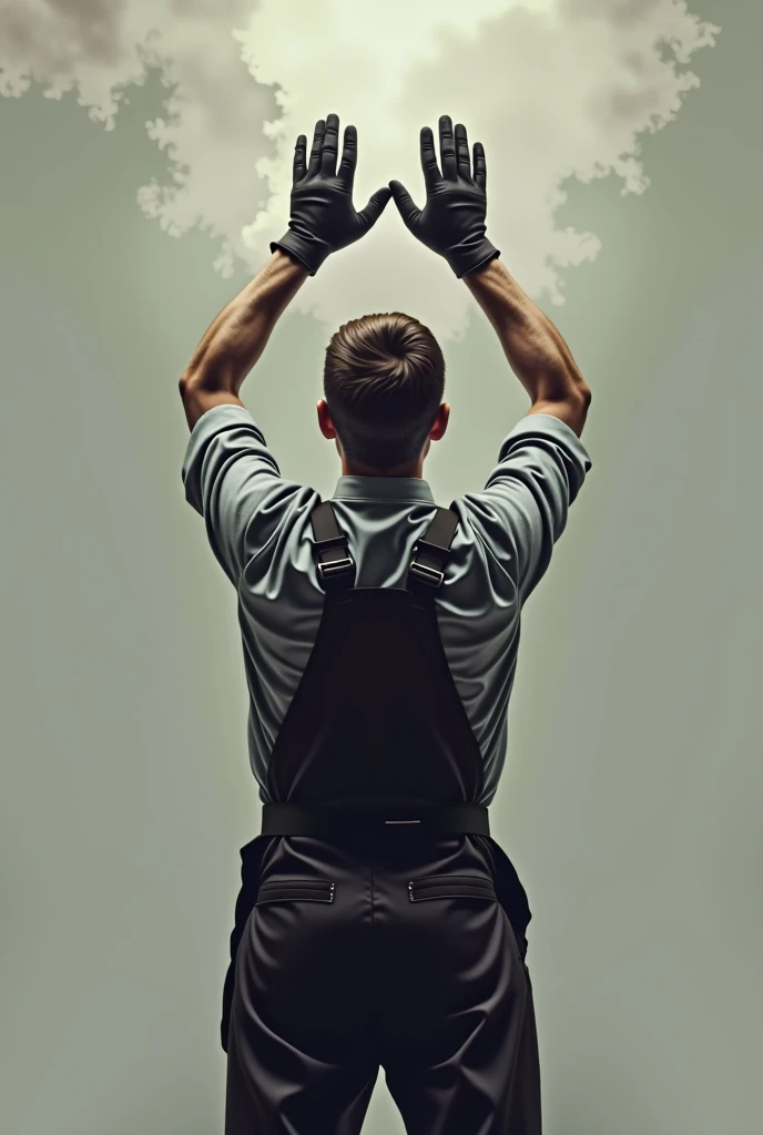 man from behind raising his arms, receiving something by putting your hands together, wearing his gloves and mechanic&#39;s apron