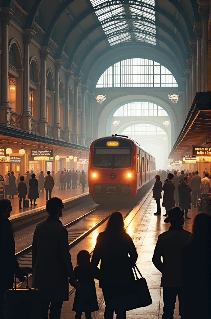 Generate a image of railway station where a train is coming and people are standing on platform to wait for him