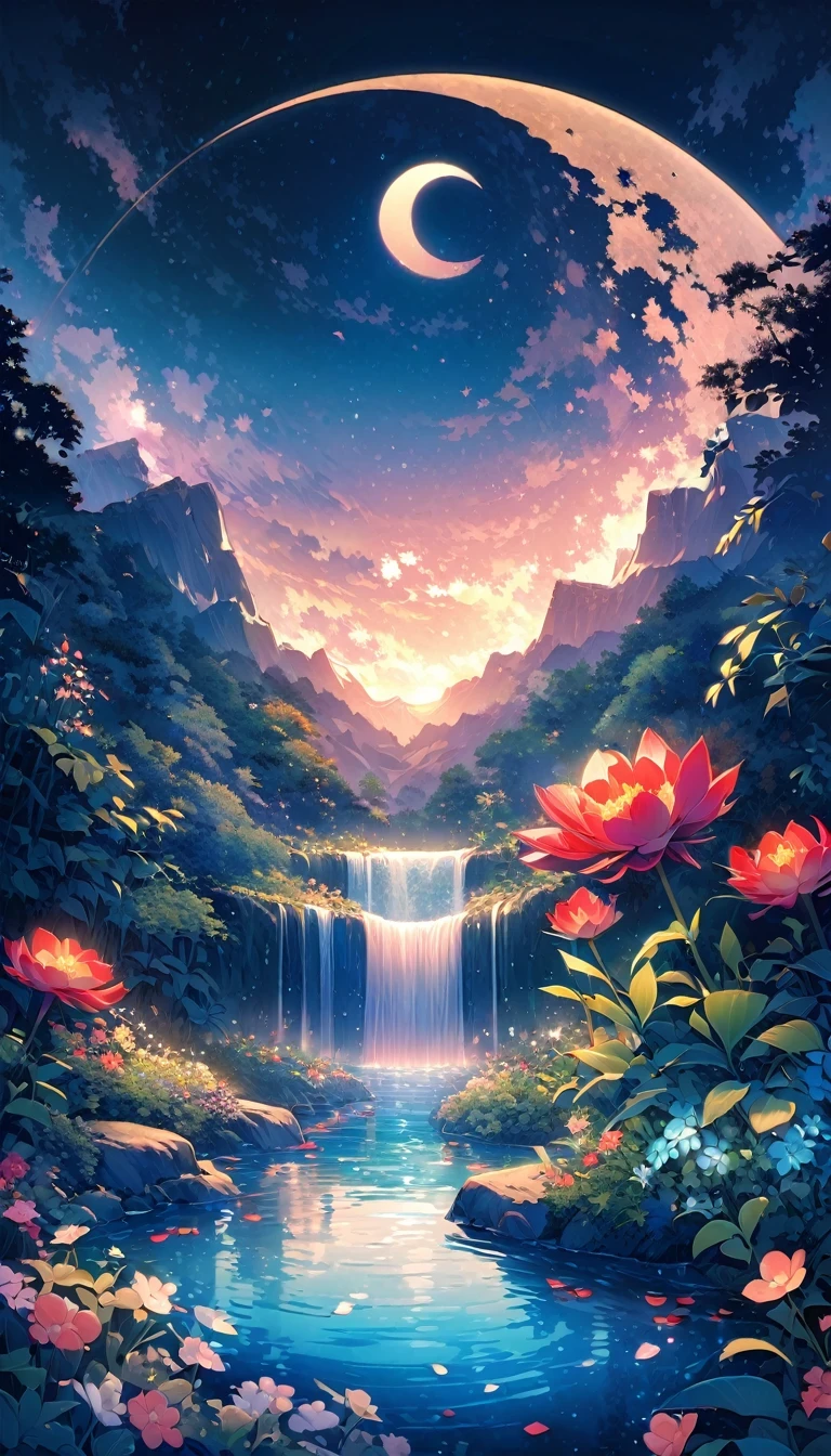 At night、Only the moonlight illuminates the quiet scenery、The curved moon in the sky emits a mysterious glow..。Distant Mountain々You can see the waterfall.、Appearing as a silhouette against the sky。Beautiful large flowers nearby、Petals fully opened、A large, bright red center appears。The sound of the water flowing beside the pond creates a soothing atmosphere..。Lots of summer fun。The curved moon and stars blend together in the sky、This amazing wallpaper has、Nature itself creates intricate patterns..。