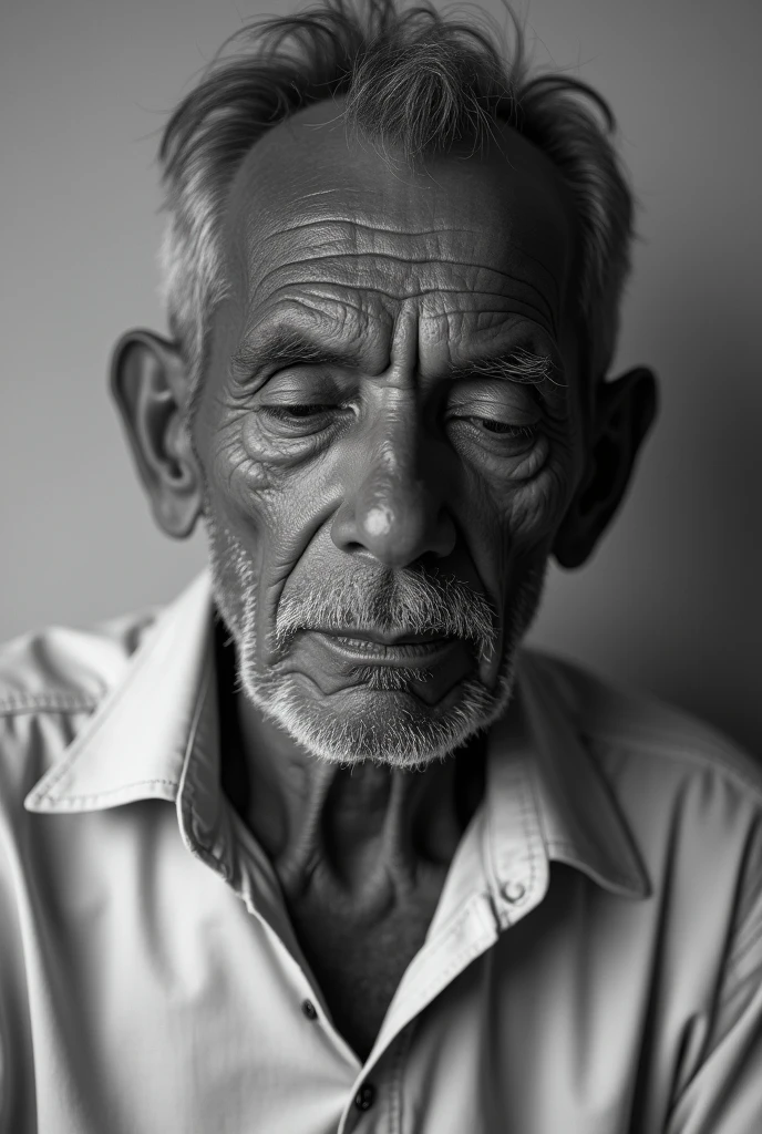 A 60-year-old man with indigenous features, Peruvian, with a closed eye, in black and white, without curls, thin and wearing a shirt