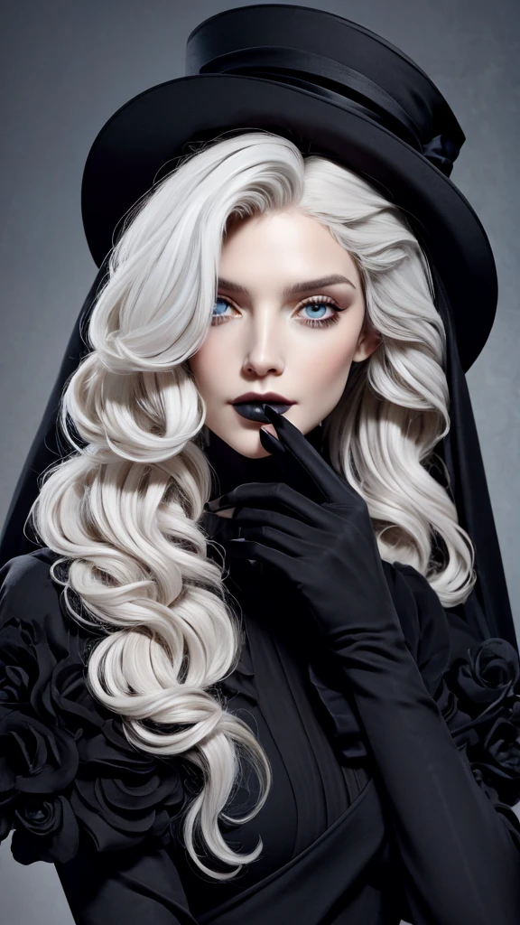 bust portrait of a beautiful woman with long white hair,in a black dress and a black hat,funeral veil,her head resting on her hand,paolo roversi,style of paolo roversi,black pointed hat,official dior editorial,vogue editorial photo,vogue magazine editorial,black haute couture,mert alas and marcus piggott,victorian goth,patrick demarchelier,by Alexander McQueen