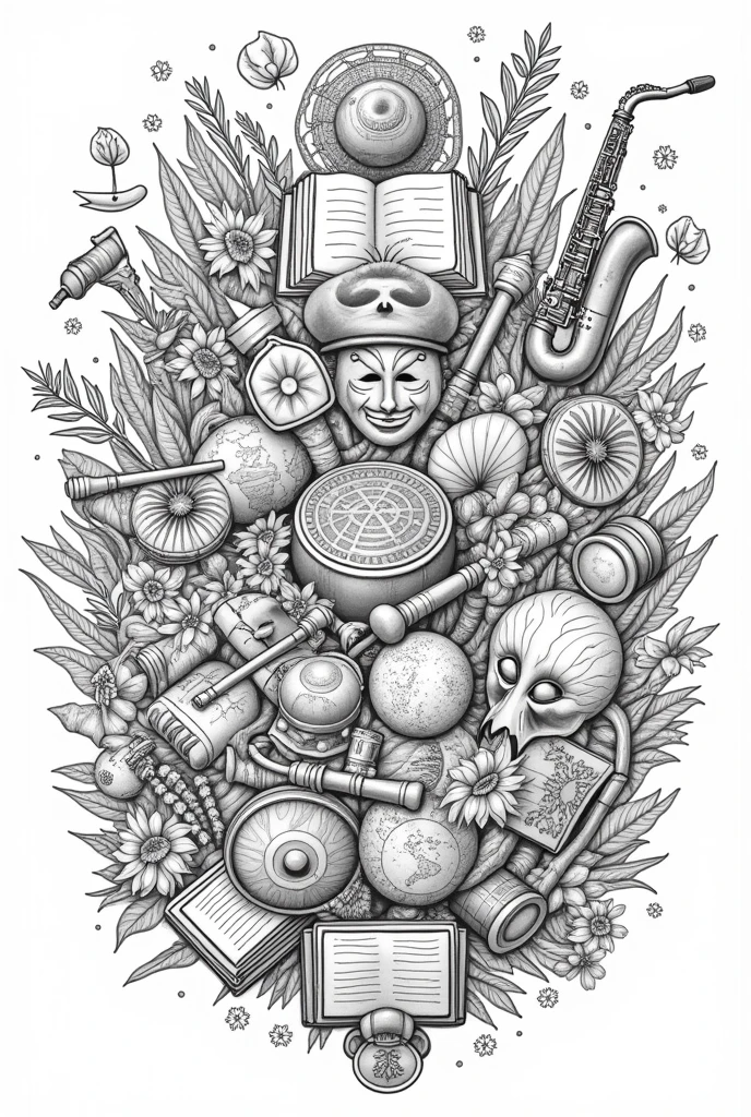 black and white linear drawing with various cultural elements, scattered separately occupying the entire space in a mandala mosaic. drums, tambourine, transverse flute, cuica, cavaquinho, guitar, theatre mask, flowers, cameras, terrestrial globe, textbooks, saxophone, mike,


