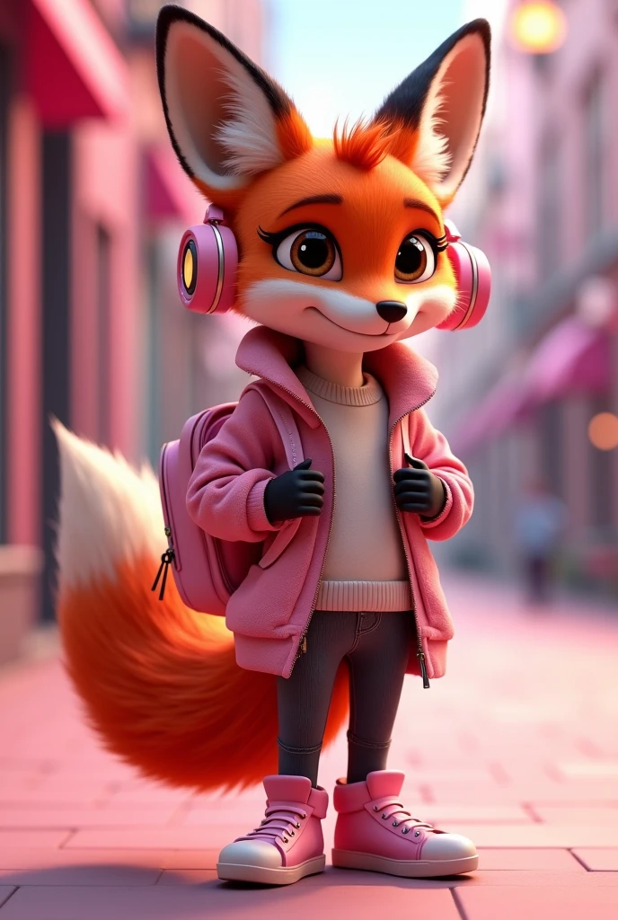 Create a 3D Disney Pixar style fox named Chic Fox. She must exude a modern personality, elegant and captivating, perfect for a section dedicated to accessories and fashion.

colors: Vibrant tones with pink details and accessories to maintain cohesion with the other pets.

Accessories:

Headphone Type Earphone: A pair of modern headphones with pink ear pads and frames, casually positioned on the fox&#39;s shoulders. Design may include metallic finishes or subtle patterns, and the headphones can be slightly hanging to give a relaxed feel.
Modern Backpack: A stylish backpack in pink, with lighter pink or metallic details. May have elements such as shiny zippers, patches ou estampas fashion.
smartwatch: A modern smartwatch with a pink strap, visible on the fox&#39;s wrist, adding a touch of sophistication to the look.
vestimentas: A basic pink shirt, Woman&#39;s style, that complements the look in an elegant and modern way.

Expressions: confident grin, with an expression that conveys style and sophistication.

Activities and Poses:

Headphones over the Shoulders: The fox has the headphones casually resting on his shoulders, giving a sense of relaxed style. She might be adjusting her headphones or just showing them off..
Modelando a Mochila e smartwatch: Showing off the trendy backpack and smartwatch along with the pink shirt, showing how accessories combine harmoniously.
Style Tips: Pointing to a board with tips on how to choose and use accessories, how to combine headphones, backpacks and smartwatches for a modern and stylish look.
Interactivity on the Website:

Hover animations: Animated movements like adjusting the headphones over the shoulders, show the smartwatch in operation or interact with the backpack.
Fashion Messages: Friendly messages with tips on accessories, fashion trends and how to complement your look with style.