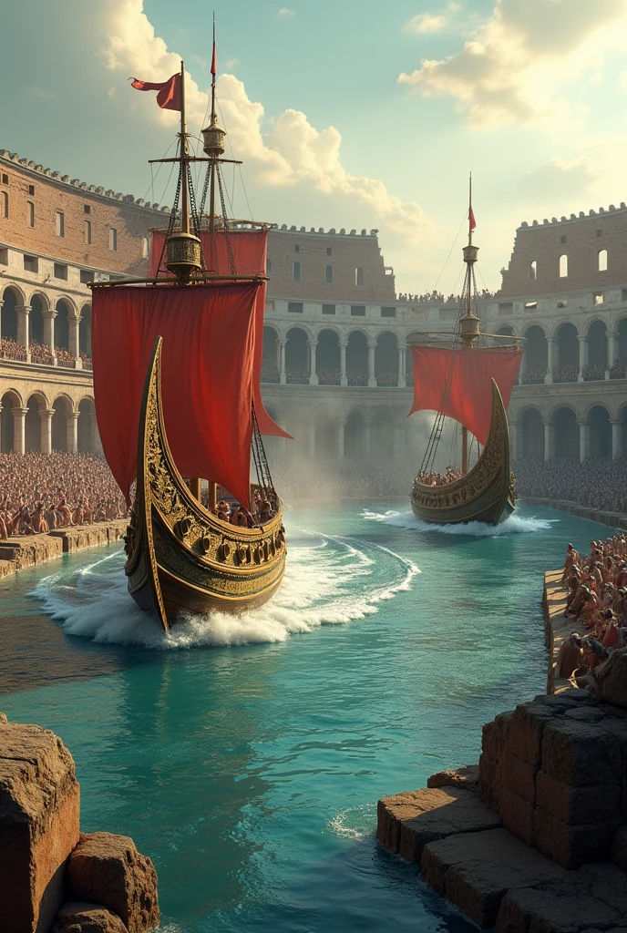 Create an image of the naumachy in the coliseum, with large triremes in battle, with a view that covers the entire arena