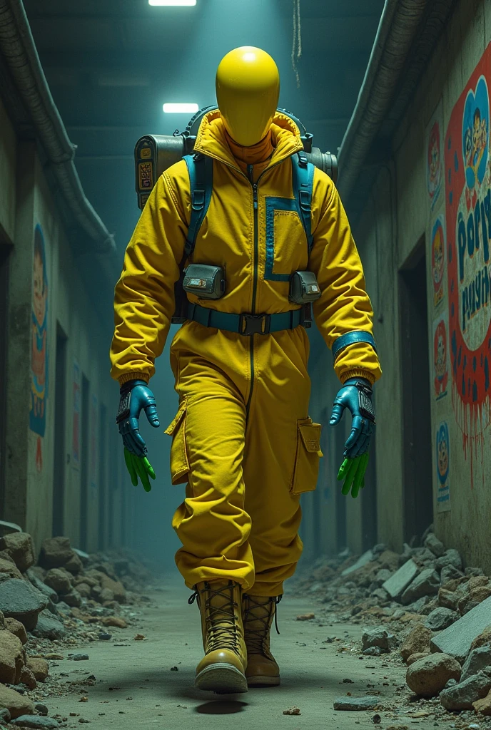 80s Dark fantasy a faceless all yellow player with a grabpack/jet with two hands holding the arms with his own hands to help him in obstacles, one green hand and one blue in an abandoned factory, everything broken and written poppy playtime and some posters of toy characters 