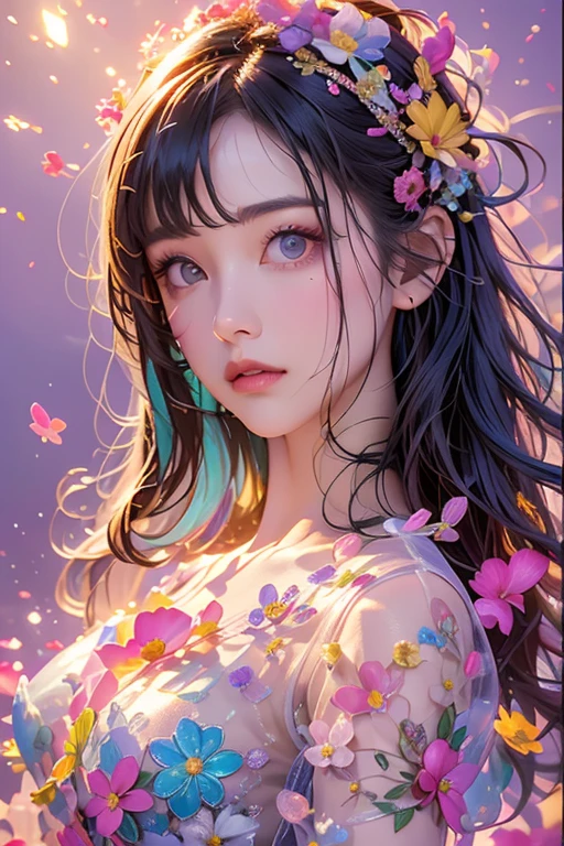 Absolutely absurd fantasy portrait of a charming girl, light, revealing dress with short sleeves ,silky soft hair with bright decorations,The beauty stands on the flowers, bright colors .The details of the face are perfect.,Wow, the character details are so good ,fashion portrait,bright colors,abstract background,Delicate shine,Translucent molten glass ,Frosted glass,masterpiece, Best quality,, Hyperreal,realistic ,high detail,a high resolution . 35mm photography, movie, hips, professional, 4K, very detailed