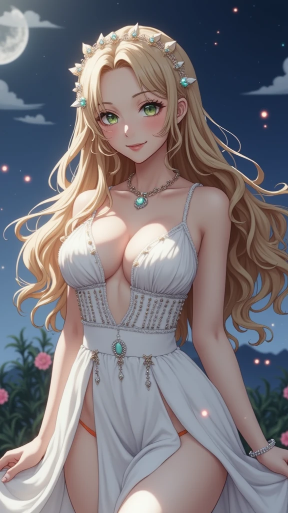 (masterpiece、Highest quality、8k、High resolution)、(One female、Beautiful Face、Beautiful eyes、Beautiful lips、Beautiful nose)、smile、The white upper teeth are faintly visible、Silver blonde medium hair、(The best girl in anime)、garden、blue sky、Colorful flowers are blooming、Vibrant colors、Red roses are beautiful、(Body、whole bodyから神秘的な光の粒子、Colorful light particles、A mysterious light glowing around the head)、melt、jewelry、necklace、dress、(whole body)、Highly detailed anime art、A complete portrayal、