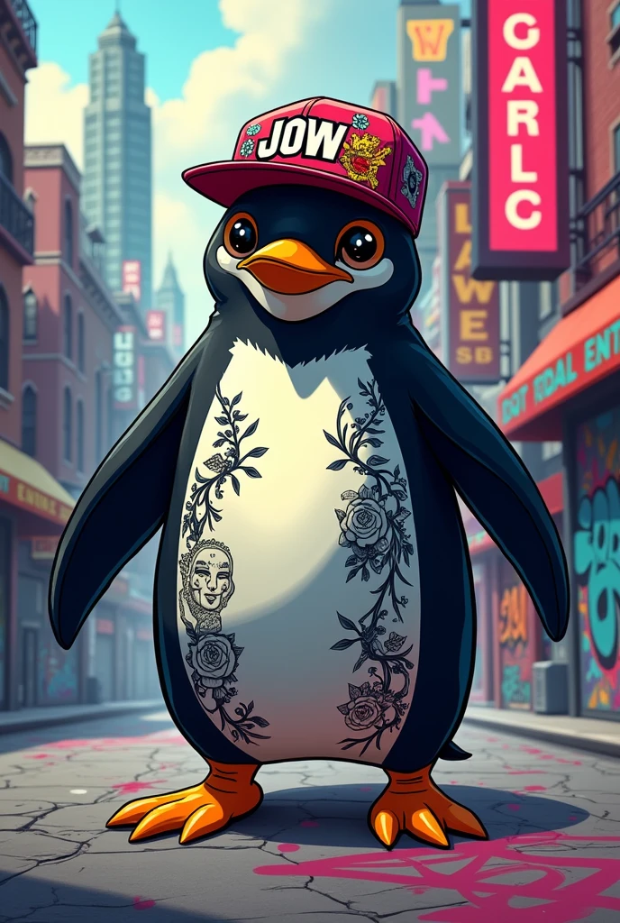 A penguin wearing a rapper cap with tattoos