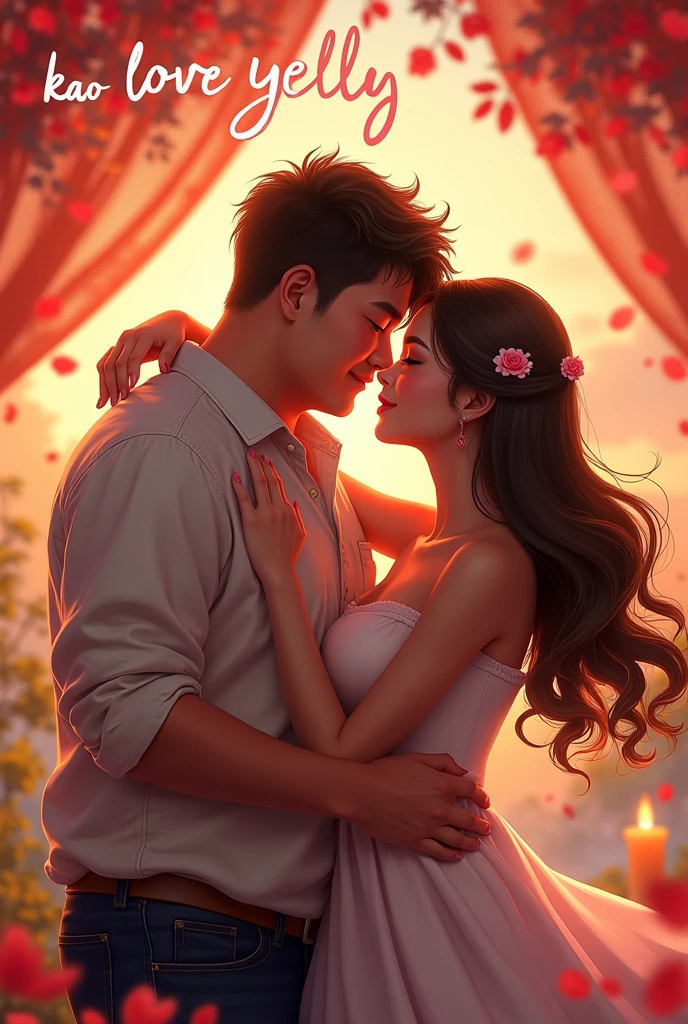 Draw a picture of a chubby man and a beautiful woman kissing against a romantic background and have the word kao love yelly