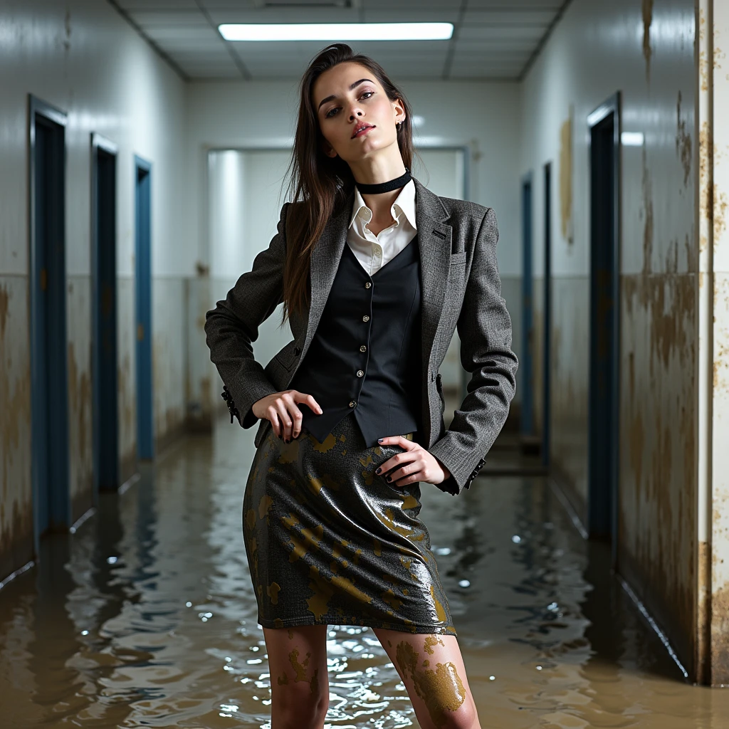 A captivating and surreal fashion photo of a business goth woman, standing in knee-deep muddy water within a flooded office setting. She is dressed in a slender, model-like appearance, wearing a black and torn business pencil skirt, cotton and wool blend, along with a black and muddy business jacket, also made from cotton and wool. Layered over this is a black business vest, a white muddy shirt, and stockings. A black choker adorns her neck, and her pose is flirtatious yet modest, as she dips her head into the muddy water. Her clothes are heavily smeared with liquid mud, which she has torn and crumpled by hand. The studio lighting brilliantly highlights the details of her mud-covered clothing, casting shadows and emphasizing the texture of the mud. The camera angle offers a top and behind view of the business lady, rot, fashion, photo